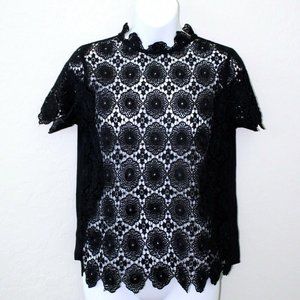 Who What Where Short Sleeve Lace Embroidered Sheer Top Size S - Black